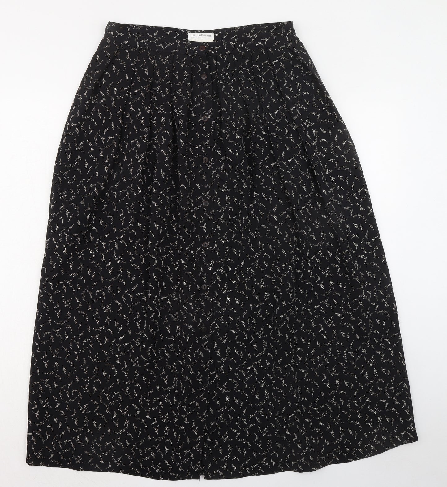 Liz Claiborne Womens Black Geometric Polyester A-Line Skirt Size 14 Button