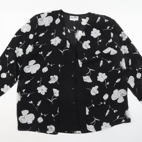 Bella Moda Womens Black Floral Polyester Basic Blouse Size 18 V-Neck