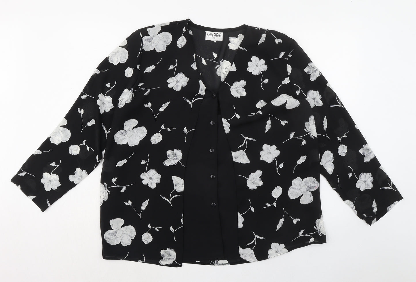 Bella Moda Womens Black Floral Polyester Basic Blouse Size 18 V-Neck