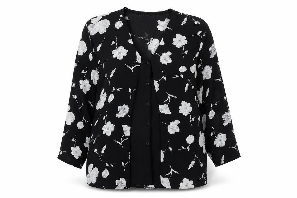 Front view of Bella Moda women’s black floral polyester basic blouse, size UK 18, v-neck