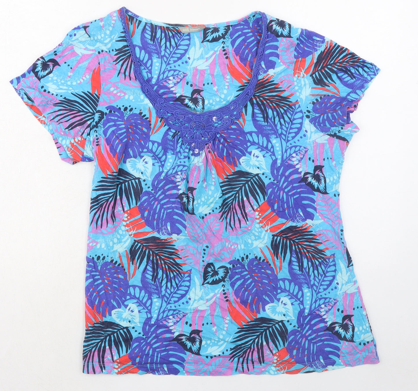 Marks and Spencer Womens Multicoloured Geometric 100% Cotton Basic T-Shirt Size 18 Scoop Neck - Leaf Print