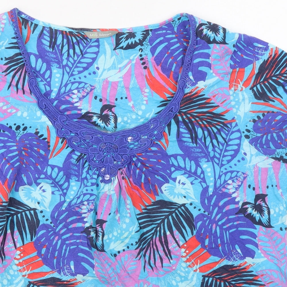 Marks and Spencer Womens Multicoloured Geometric 100% Cotton Basic T-Shirt Size 18 Scoop Neck - Leaf Print