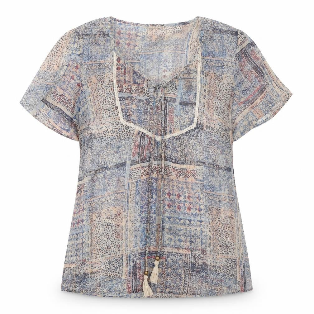 Front view of Indigo women’s multicoloured geometric polyester basic blouse, size UK 14, v-neck