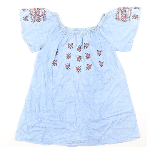 Boohoo Womens Blue 100% Cotton A-Line Size 10 Round Neck Pullover - Flower Detail