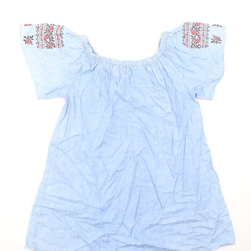 Boohoo Womens Blue 100% Cotton A-Line Size 10 Round Neck Pullover - Flower Detail