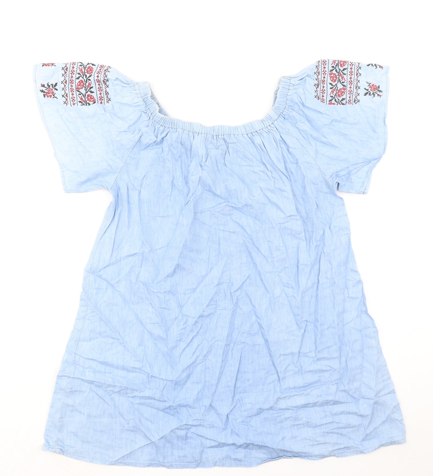 Boohoo Womens Blue 100% Cotton A-Line Size 10 Round Neck Pullover - Flower Detail