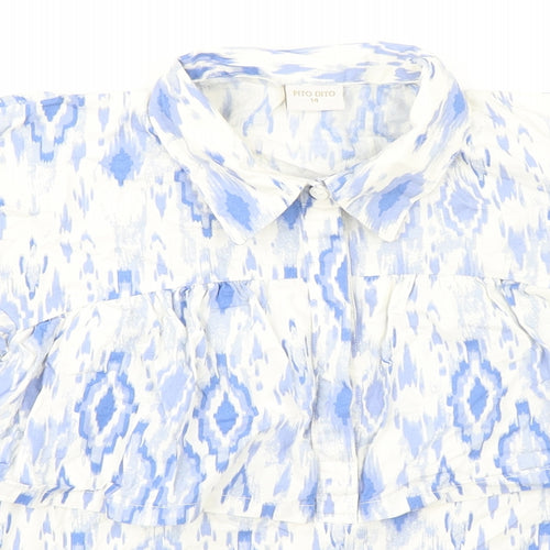 Pito Dito Womens Blue Geometric 100% Cotton Basic Button-Up Size 14 Collared