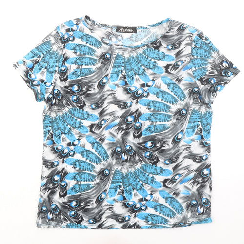 Alexara Womens Blue Geometric Viscose Basic T-Shirt Size 16 Boat Neck