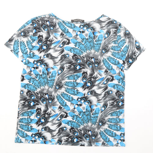 Alexara Womens Blue Geometric Viscose Basic T-Shirt Size 16 Boat Neck