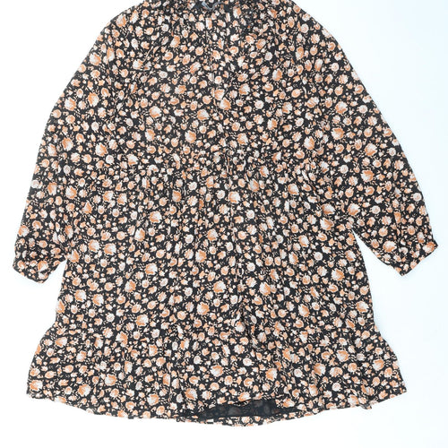 Zara Womens Black Floral Polyester Skater Dress Size S Round Neck Button