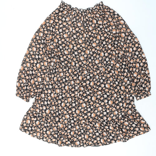 Zara Womens Black Floral Polyester Skater Dress Size S Round Neck Button