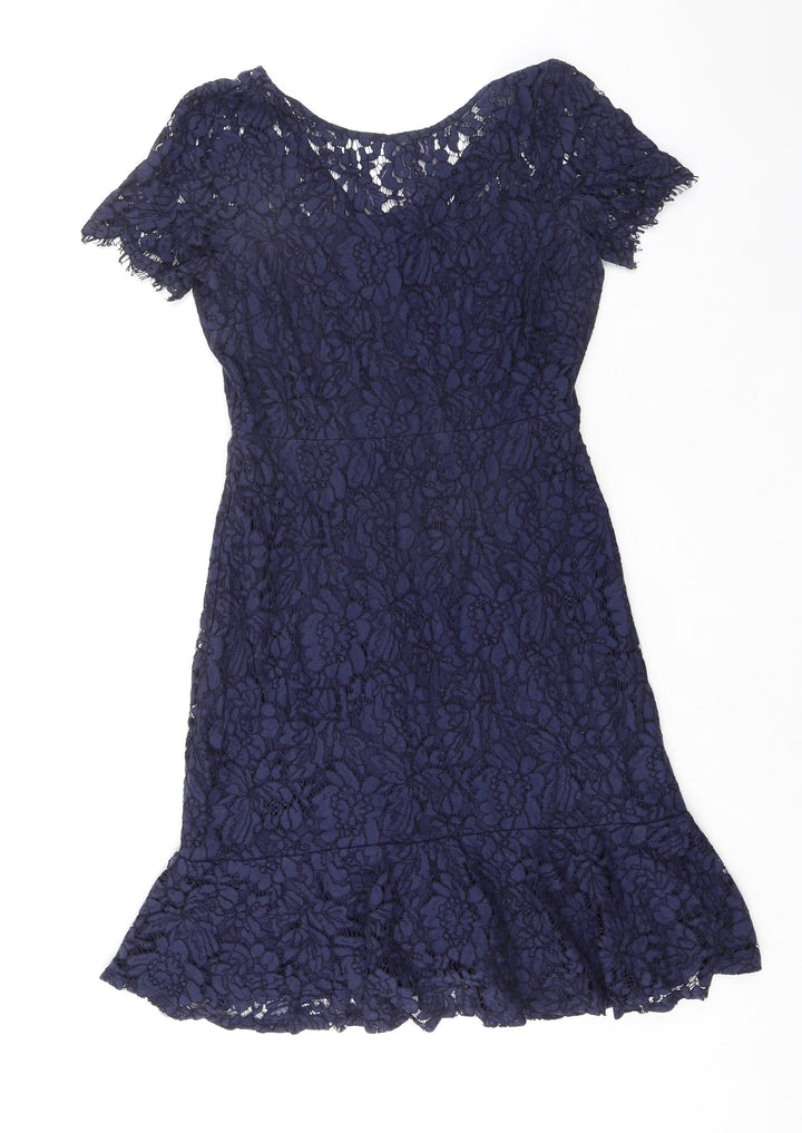 Wallis Womens Blue Floral Nylon A-Line Size 10 Boat Neck Zip