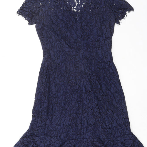Wallis Womens Blue Floral Nylon A-Line Size 10 Boat Neck Zip