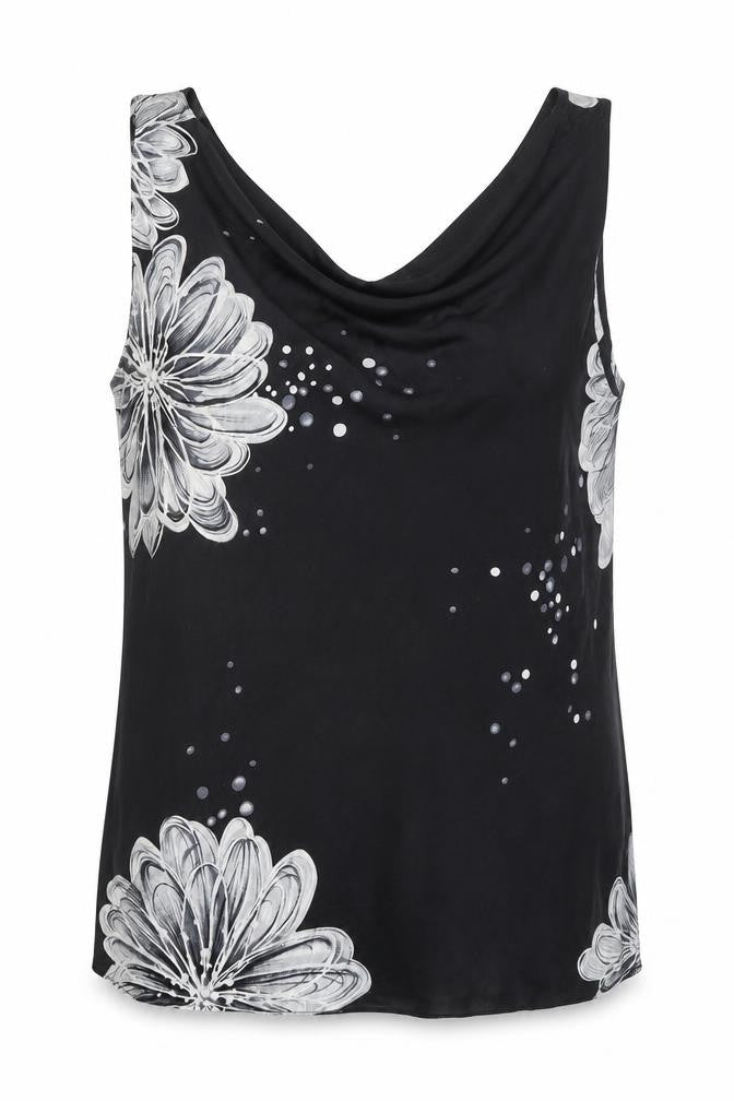 Front view of Michel Ambers women’s black floral polyester basic tank, size UK 14, cowl neck
