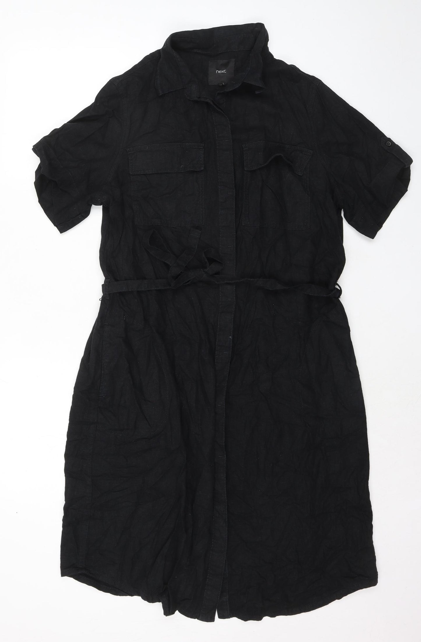 NEXT Womens Black Linen Shirt Dress Size 16 Collared Button