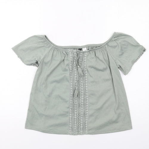 H&M Womens Green Polyester Basic Blouse Size M Boat Neck - Crochet Detail