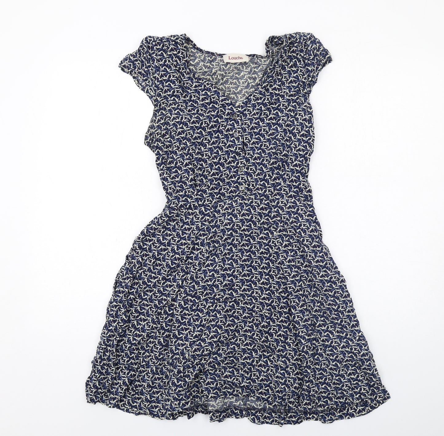 Louche Womens Blue Geometric Viscose Trapeze & Swing Size 12 V-Neck Zip