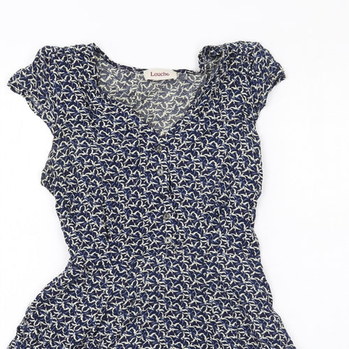 Louche Womens Blue Geometric Viscose Trapeze & Swing Size 12 V-Neck Zip