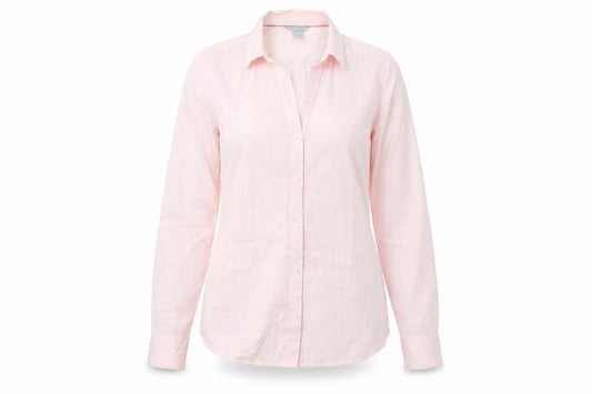Front view of H&M women’s pink striped polyester basic button-up, size UK 10, collared