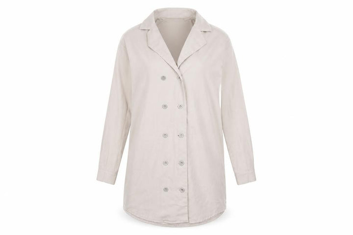 Front view of Missguided women’s beige polyester jacket dress, size UK 6, collared button