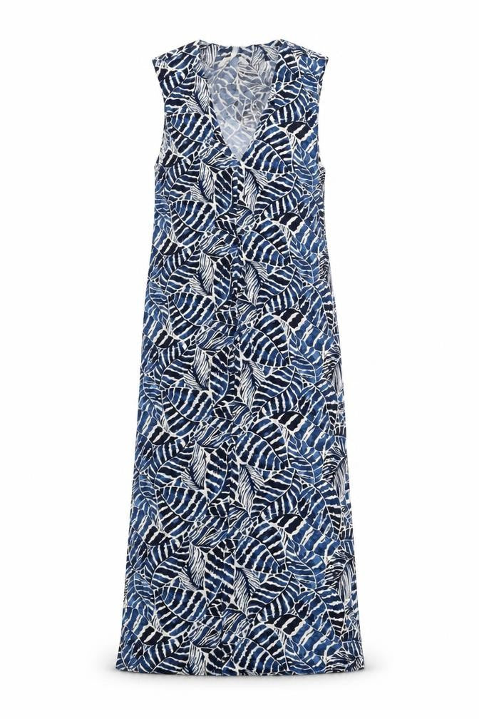 Front view of H&M women’s blue geometric viscose a-line, size UK 10, v-neck pullover