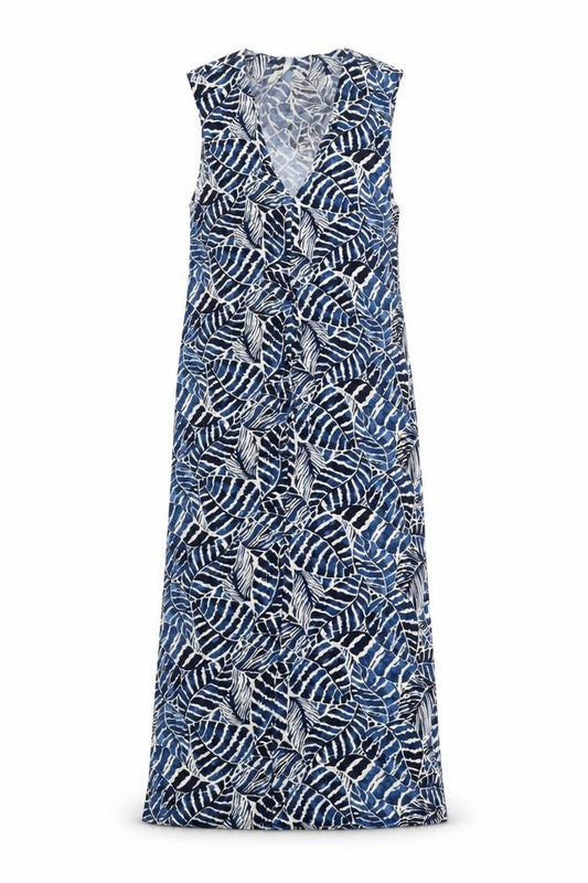 Front view of H&M women’s blue geometric viscose a-line, size UK 10, v-neck pullover