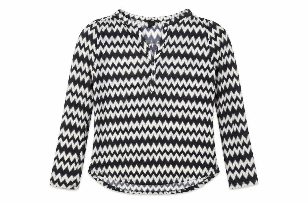 Front view of H&M women’s black geometric polyester basic blouse, size XS, v-neck