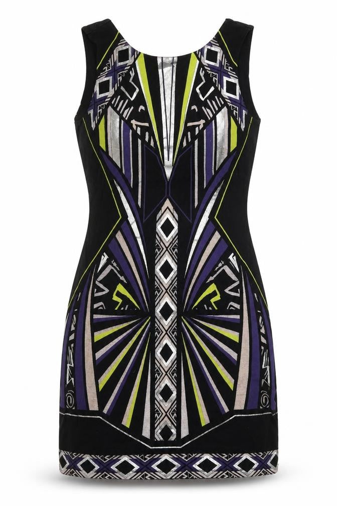 Front view of River Island women’s multicoloured geometric cotton shift, size UK 12, round neck pullover