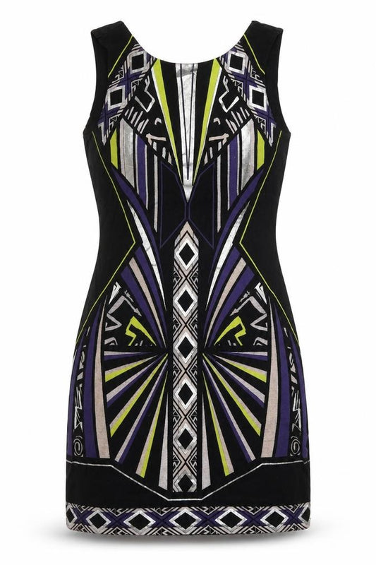 Front view of River Island women’s multicoloured geometric cotton shift, size UK 12, round neck pullover