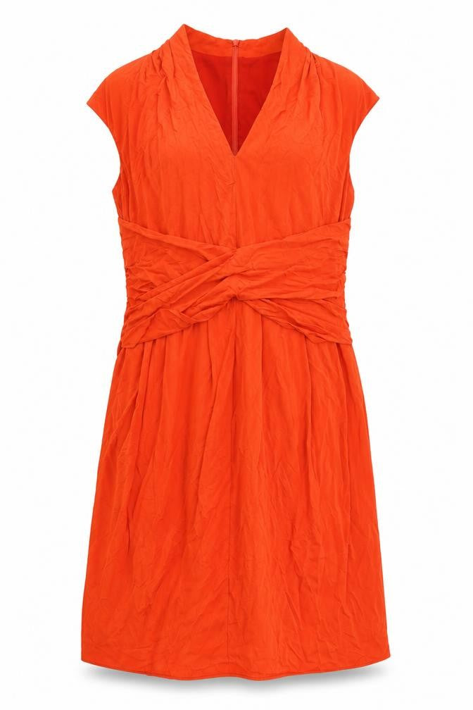 Front view of Per Una women’s orange cupro shift, size UK 16, v-neck zip