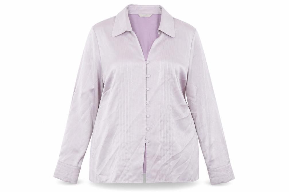 Front view of Marks & Spencer women’s purple polyester basic button-up, size UK 16, collared