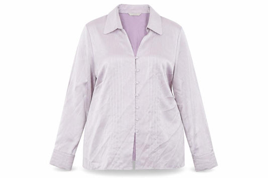 Front view of Marks & Spencer women’s purple polyester basic button-up, size UK 16, collared