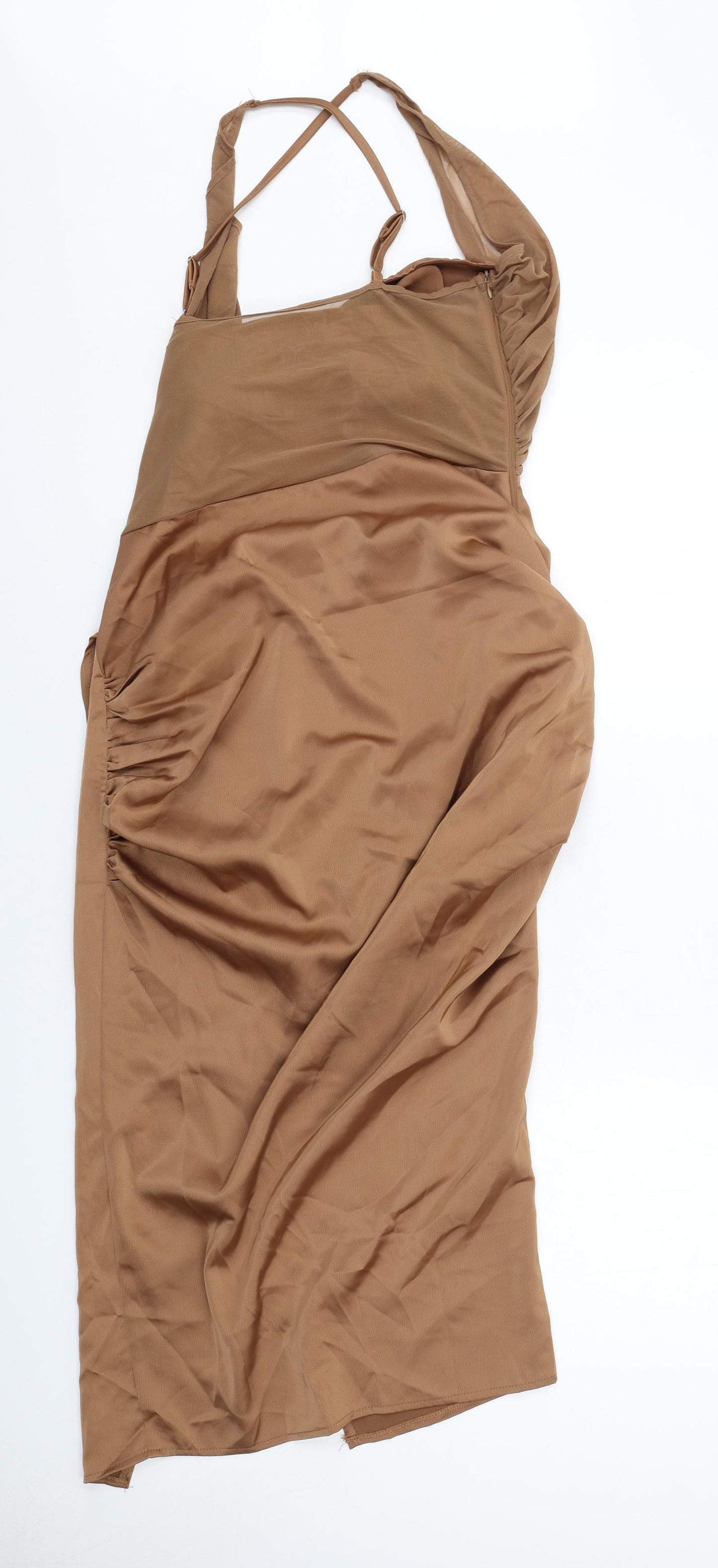 PRETTYLITTLETHING Womens Brown Polyester Shift Size 14 Halter Zip