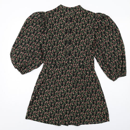 Topshop Womens Black Floral Polyester A-Line Size 8 Mock Neck Button