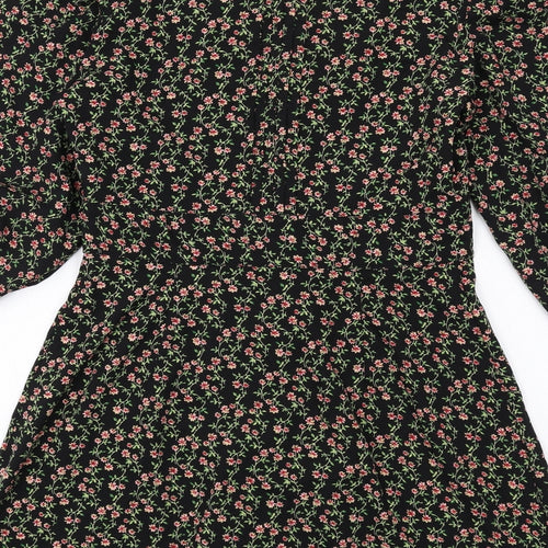 Topshop Womens Black Floral Polyester A-Line Size 8 Mock Neck Button