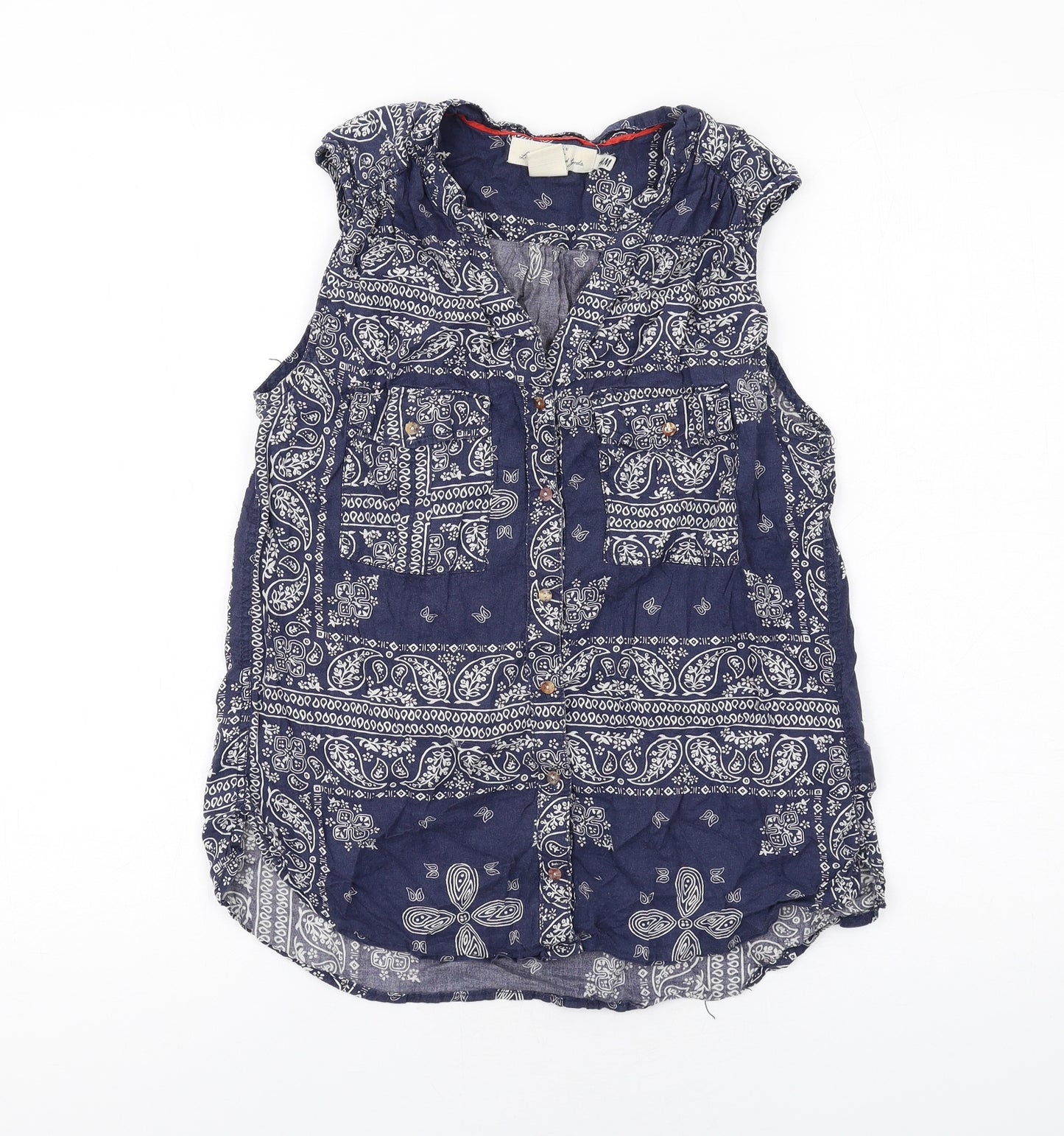 H&M Womens Blue Geometric Cotton Basic Button-Up Size 8 Collared