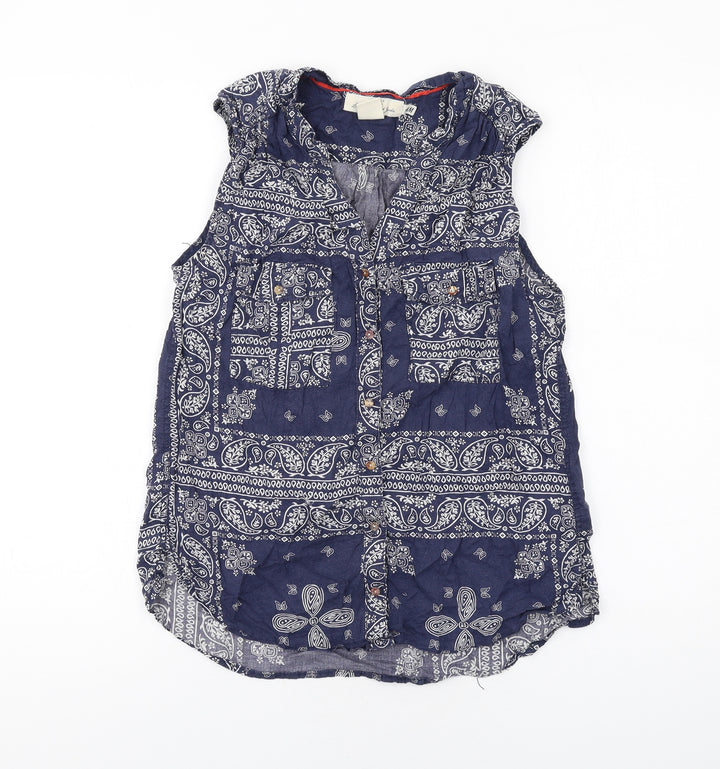 H&M Womens Blue Geometric Cotton Basic Button-Up Size 8 Collared