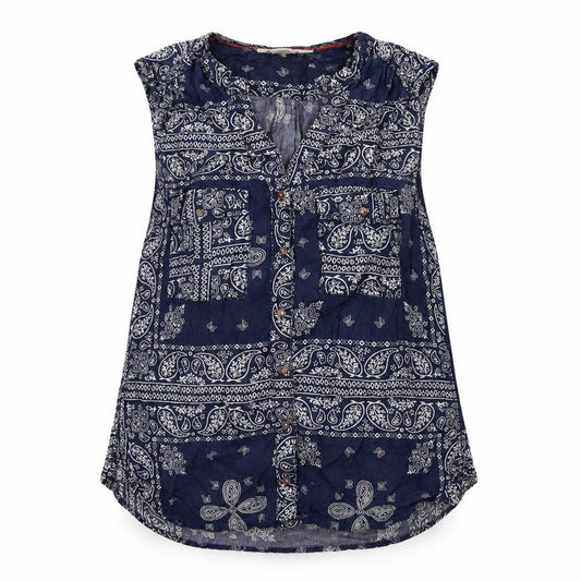 Front view of H&M women’s blue geometric cotton basic button-up, size UK 8, collared