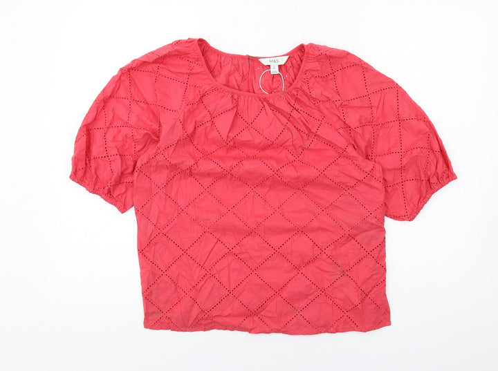 Marks and Spencer Womens Red Argyle/Diamond Cotton Basic Blouse Size 8 Round Neck