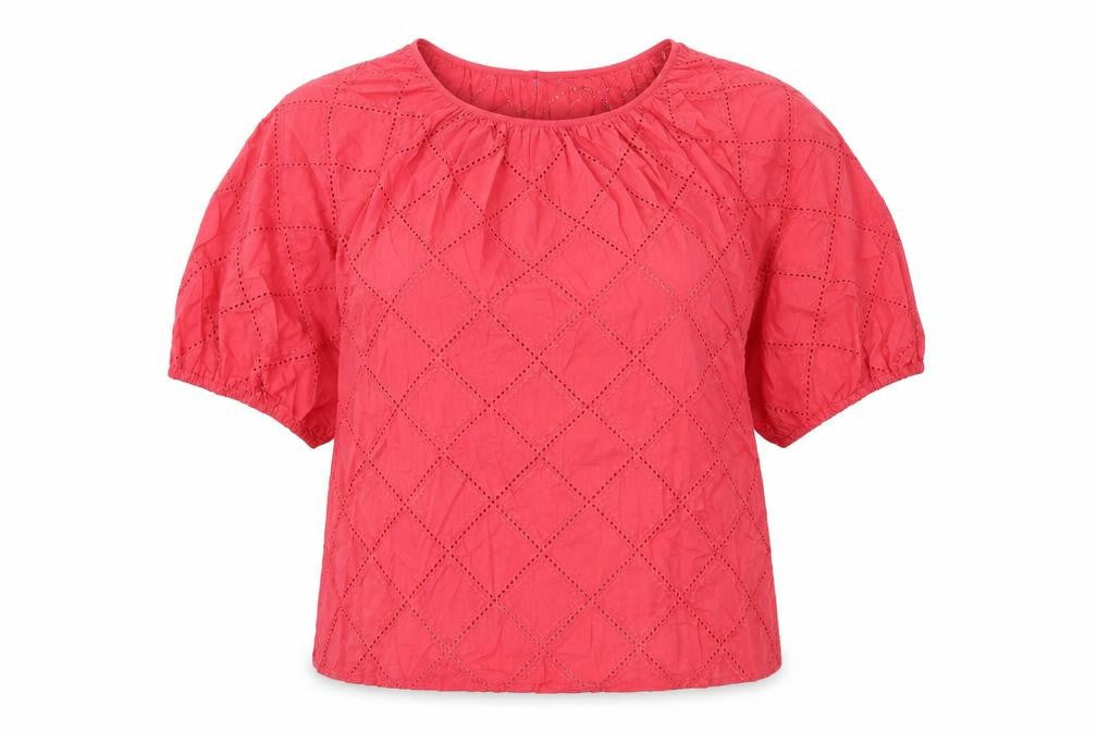 Front view of Marks & Spencer women’s red argyle/diamond cotton basic blouse, size UK 8, round neck
