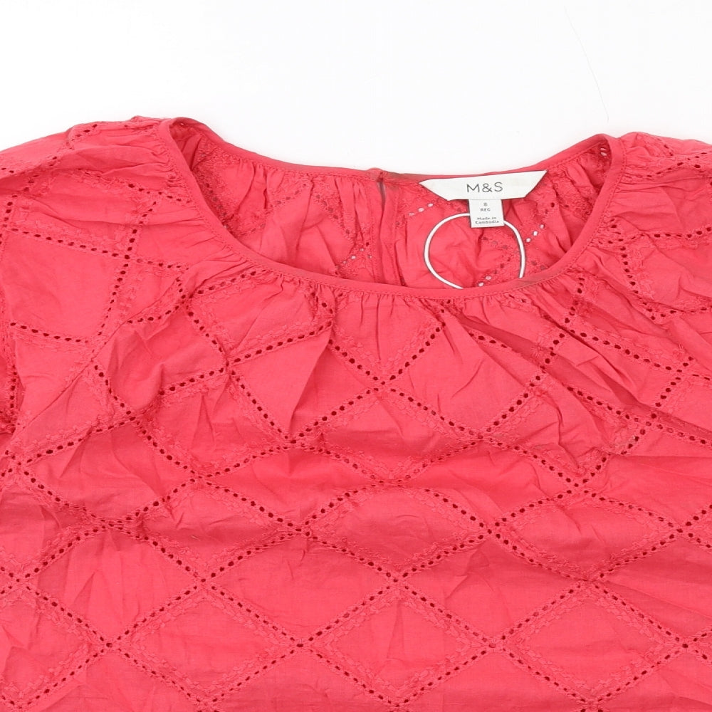 Marks and Spencer Womens Red Argyle/Diamond Cotton Basic Blouse Size 8 Round Neck