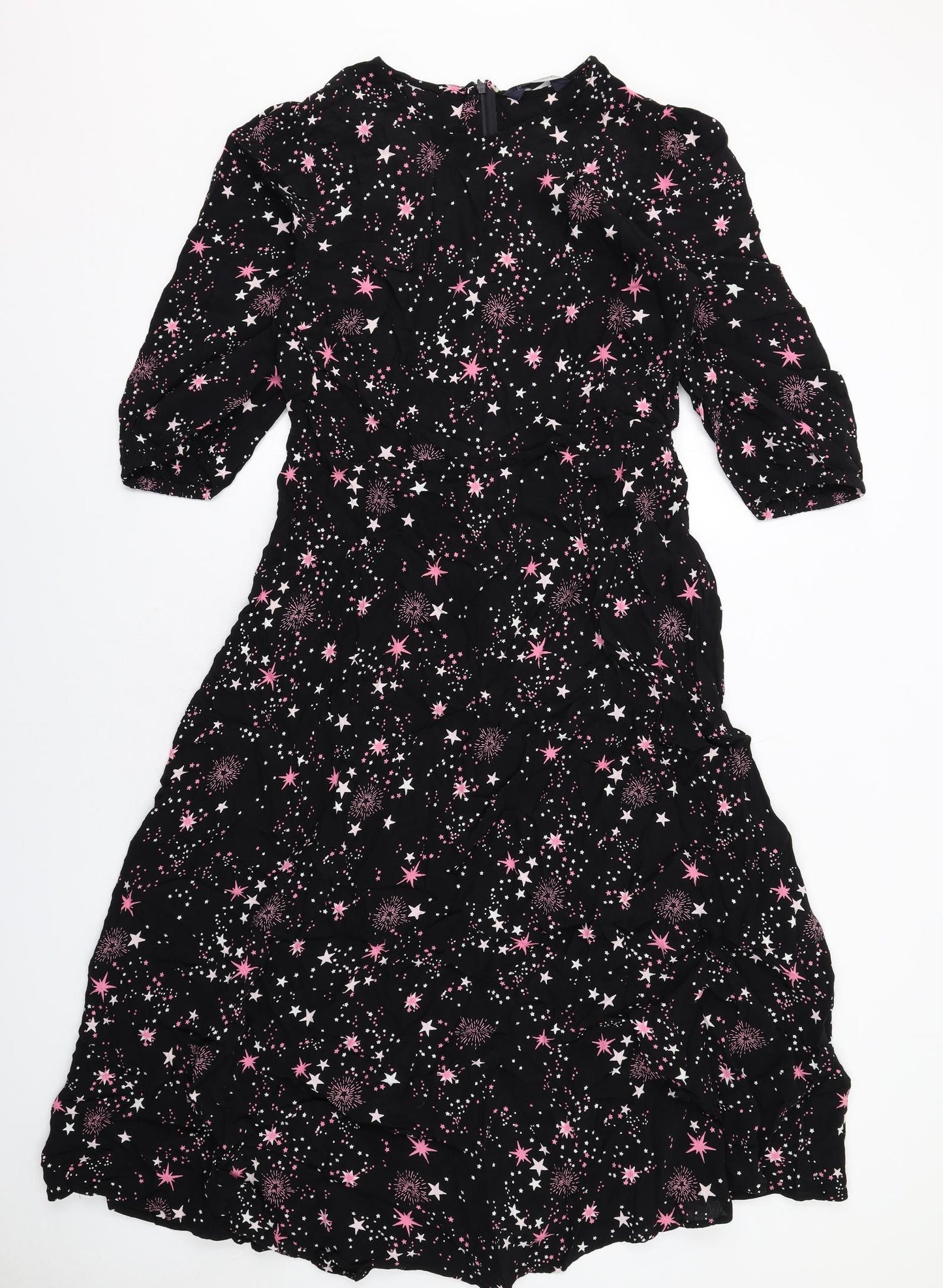 Marks and Spencer Womens Black Geometric Viscose A-Line Size 14 Round Neck Zip - Stars Print