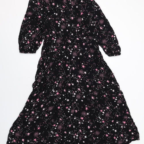 Marks and Spencer Womens Black Geometric Viscose A-Line Size 14 Round Neck Zip - Stars Print