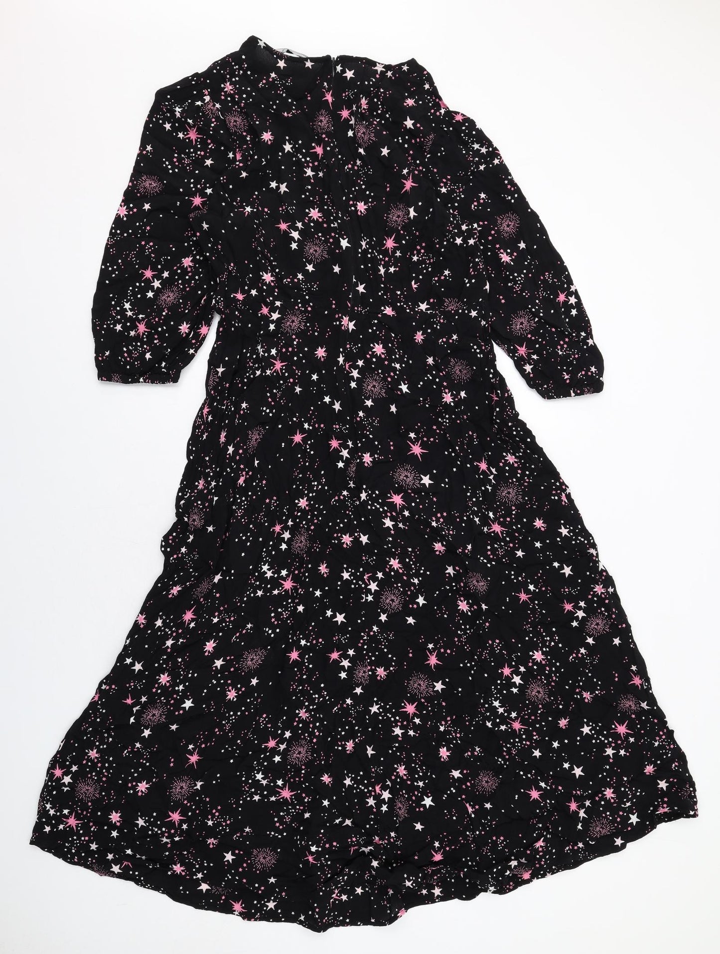 Marks and Spencer Womens Black Geometric Viscose A-Line Size 14 Round Neck Zip - Stars Print