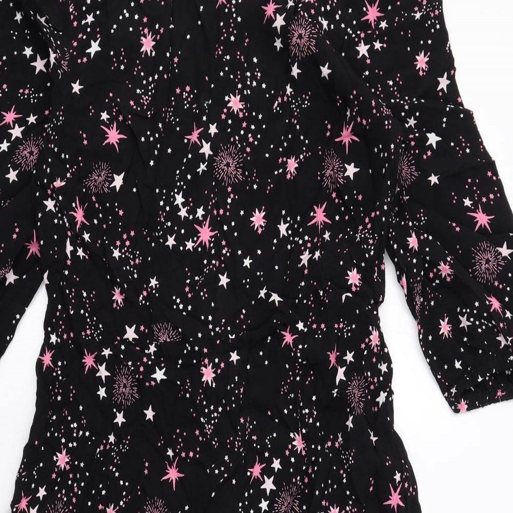 Marks and Spencer Womens Black Geometric Viscose A-Line Size 14 Round Neck Zip - Stars Print