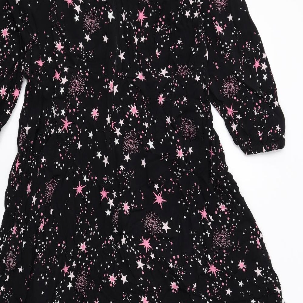 Marks and Spencer Womens Black Geometric Viscose A-Line Size 14 Round Neck Zip - Stars Print