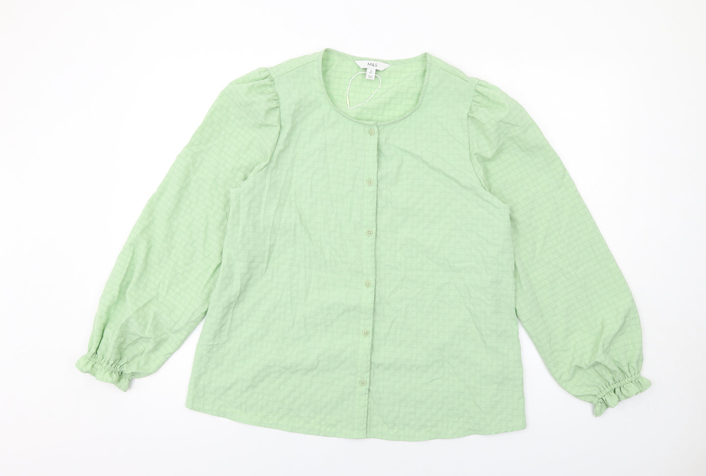Marks and Spencer Womens Green Polyester Basic Button-Up Size 14 Round Neck