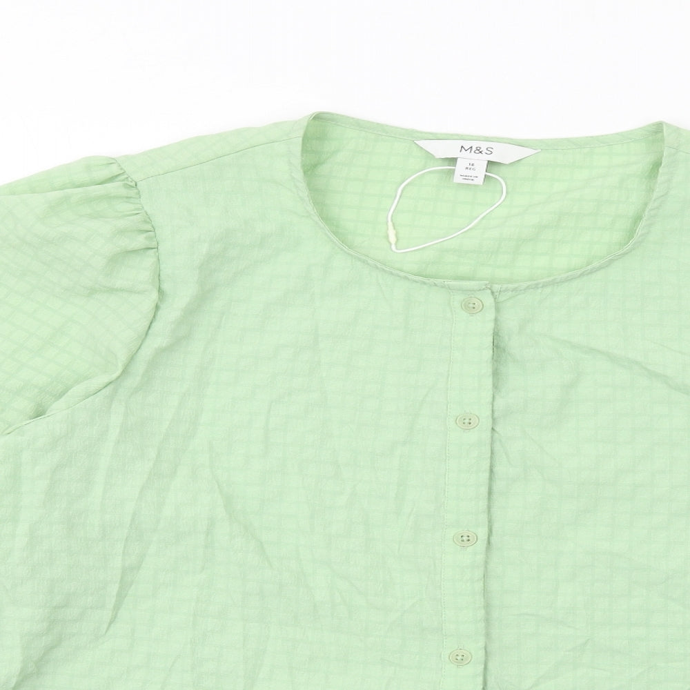 Marks and Spencer Womens Green Polyester Basic Button-Up Size 14 Round Neck