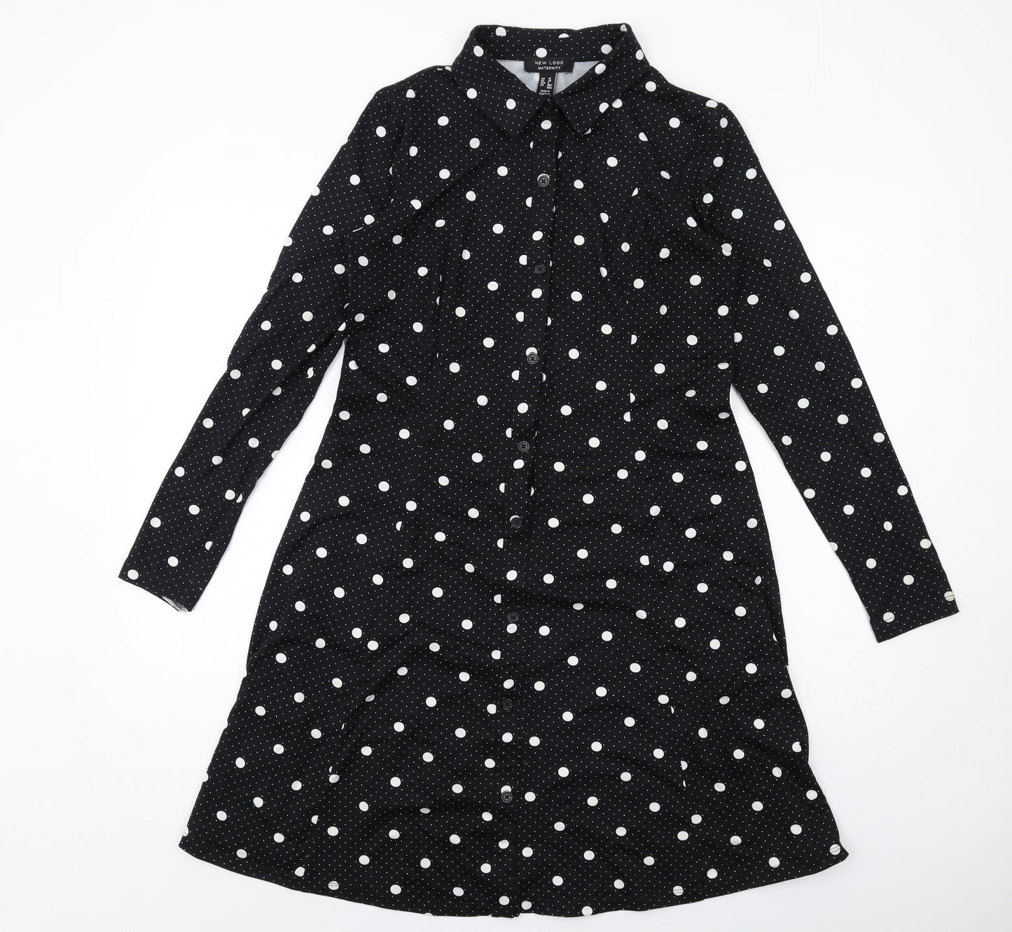 New Look Womens Black Polka Dot Polyester Shirt Dress Size 10 Collared Button