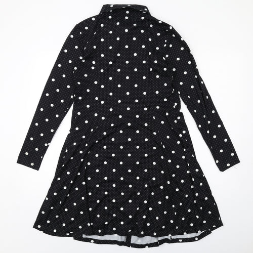 New Look Womens Black Polka Dot Polyester Shirt Dress Size 10 Collared Button
